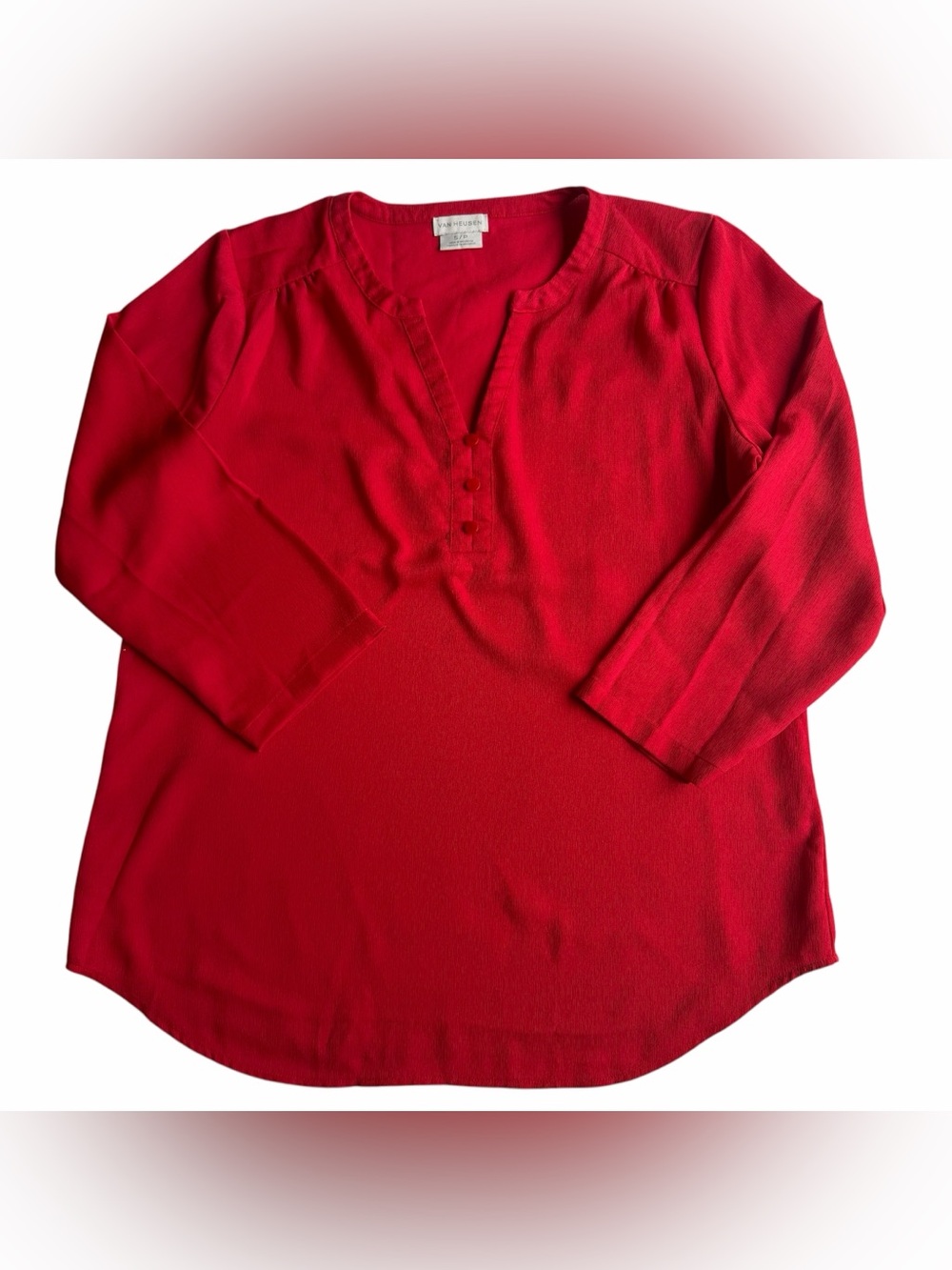 Van Heusen Women's M Red 3/4 Sleeve Button Neck Blouse